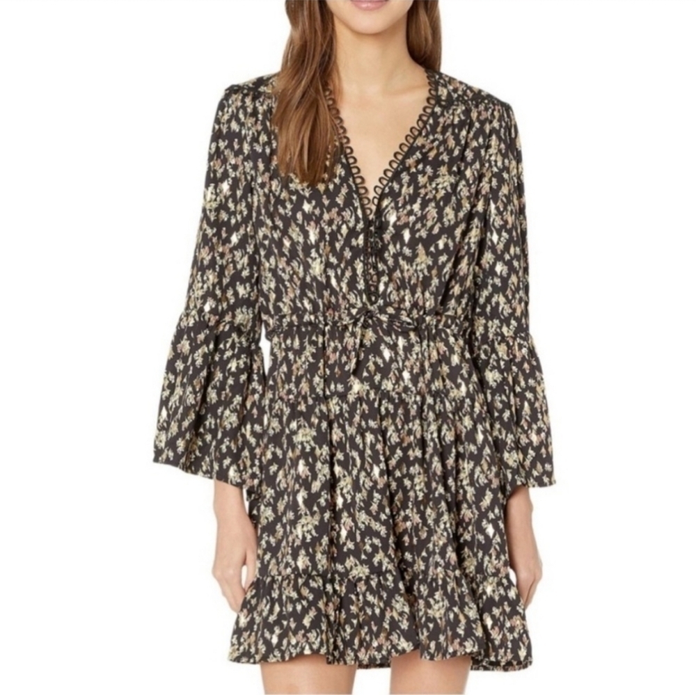 Sabina Musayev Revolve Womens S Mini Dress Floral Plunge Neckline Bell Sleeves